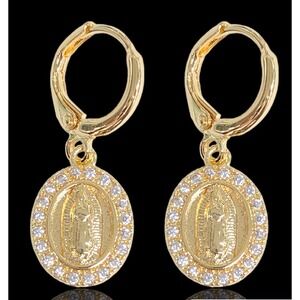 Laminated Gold virgin Mary Gold Earrings Leverback Religious Dangle Drop Earring
